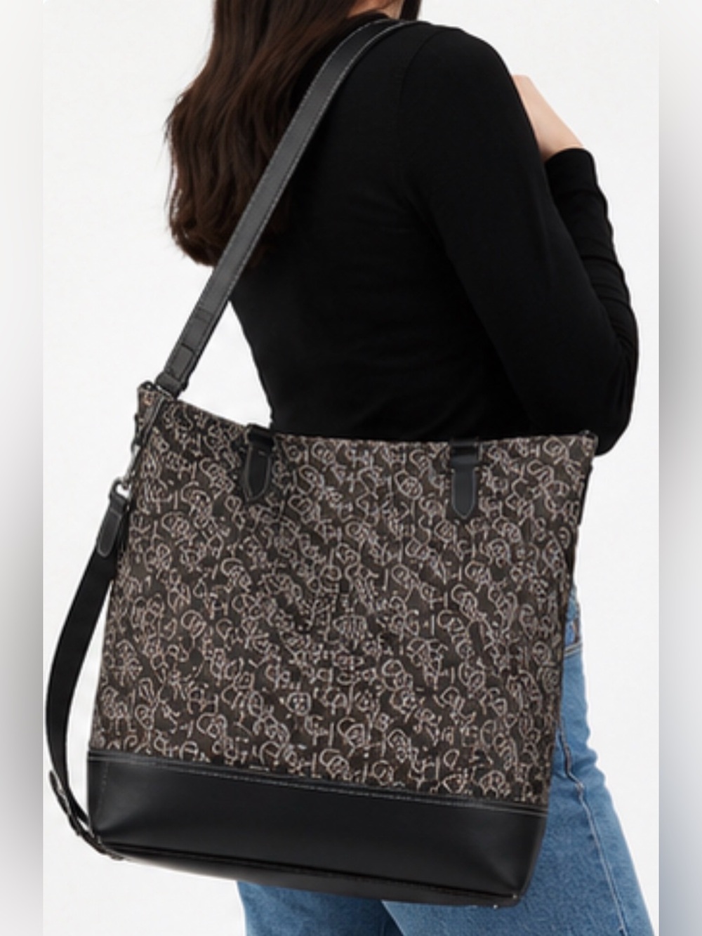 Coach Signature Jacquard Large Tote Crossbody Bag Brown Black Leather Trim